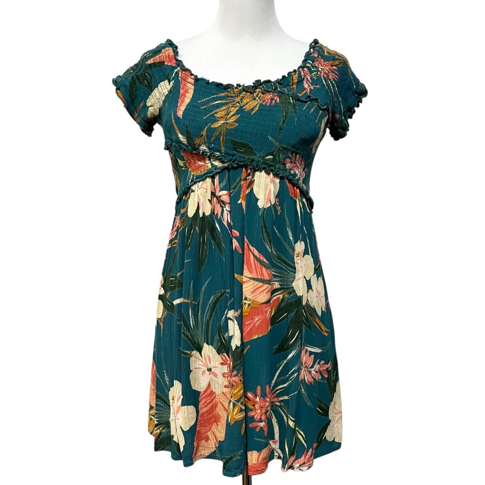 Patrons of Peace Dress Floral Mini Tropical Green Short Sleeve Smocked Sz Large
